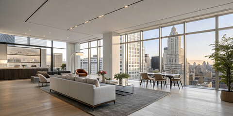 Fototapeta premium A Modern Apartment Interior with Expansive Windows and Chic Decor