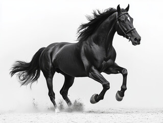 Black stallion, powerful gallop, majestic mane, airborne elegance.