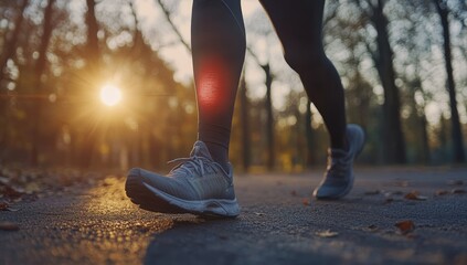 Runner's legs and shoes on autumn path at sunset.