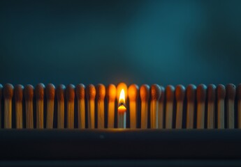 Flame ignites in a row of matchsticks creating a captivating contrast of light and dark