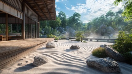Tranquil Japanese Garden with Wooden Deck, Sand Patterns, and Natural Landscape Featuring Rocks, Lush Greenery, and Scenic Bridge at Daytime