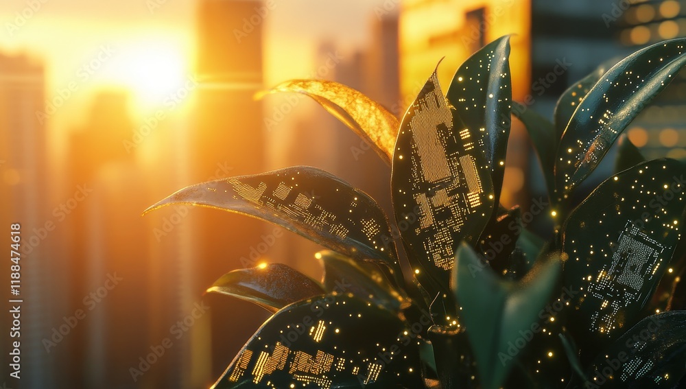 Poster sunset cityscape backdrop with plant leaves embedded with microchips.