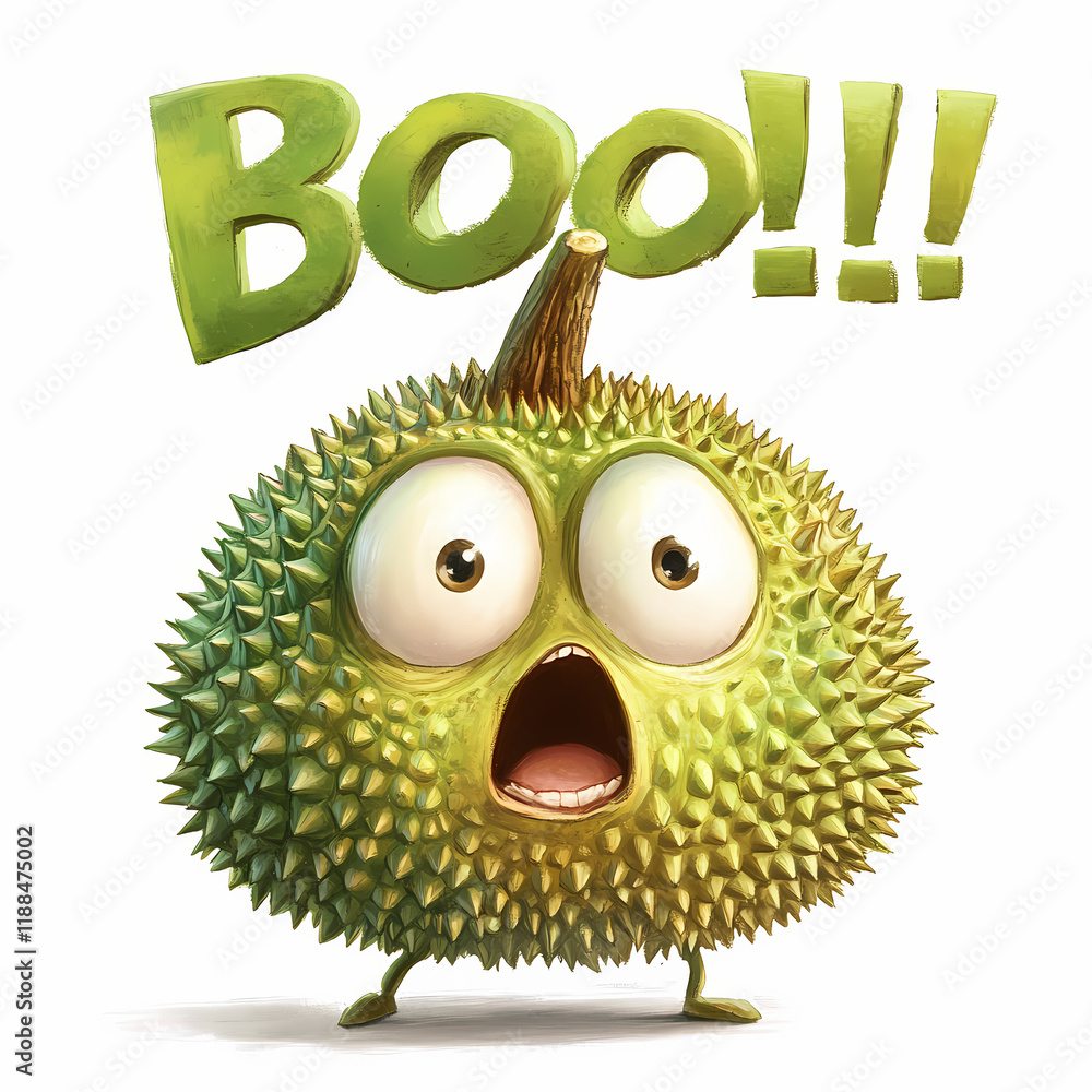Poster surprised animated character with expressive eyes and spiky green body in playful setting. generativ