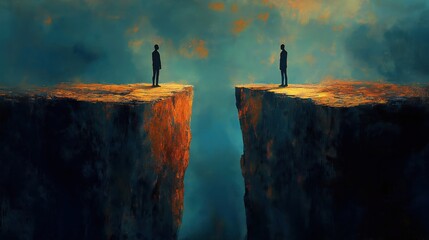 Two figures stand on opposite cliffs facing. Vast space separates. Abstract illustration distance, separation. Scene evokes feelings of loneliness, possible challenge in communication, connection.