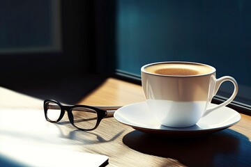Friday on morning coffee cup at workplace of manager. Office background with laptop and glasses 