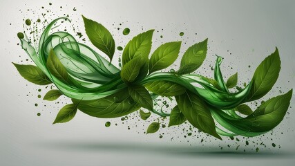 Fototapeta premium Green air flow effect with flying mint, tea leaves. Bright green swirl isolated on white background PNG, vector abstract illustration for advertising, drinks, food and cosmetics.