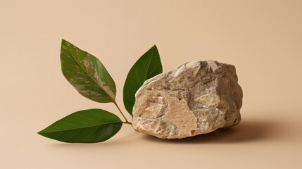 A piece of rough stone and green leaf.