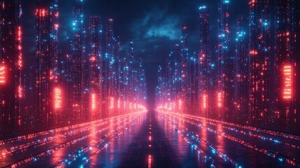 Fototapeta premium Neon city road at night with glowing skyscrapers and cloudy sky.