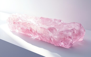 A radiant pink quartz crystal with intricate textures, shimmering brightly on a pure white surface