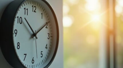 Wall clock showing time change for daylight saving, close-up view, natural daylight from a window, representing time adjustment and seasonal transition