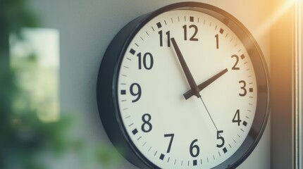 Wall clock showing time change for daylight saving, close-up view, natural daylight from a window, representing time adjustment and seasonal transition