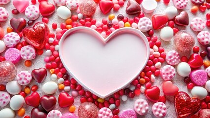 Colorful heart-shaped candies scattered on a white background with pink and red hues, surrounded by Valentine's Day decorations, holiday decoration, candies