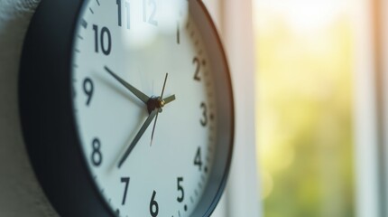 Wall clock showing time change for daylight saving, close-up view, natural daylight from a window, representing time adjustment and seasonal transition
