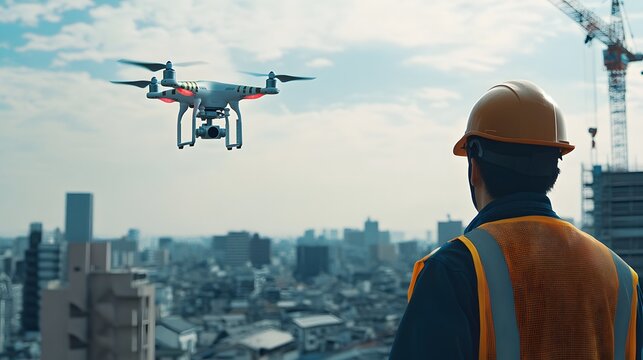 ドローンを飛ばす日本の建設作業員