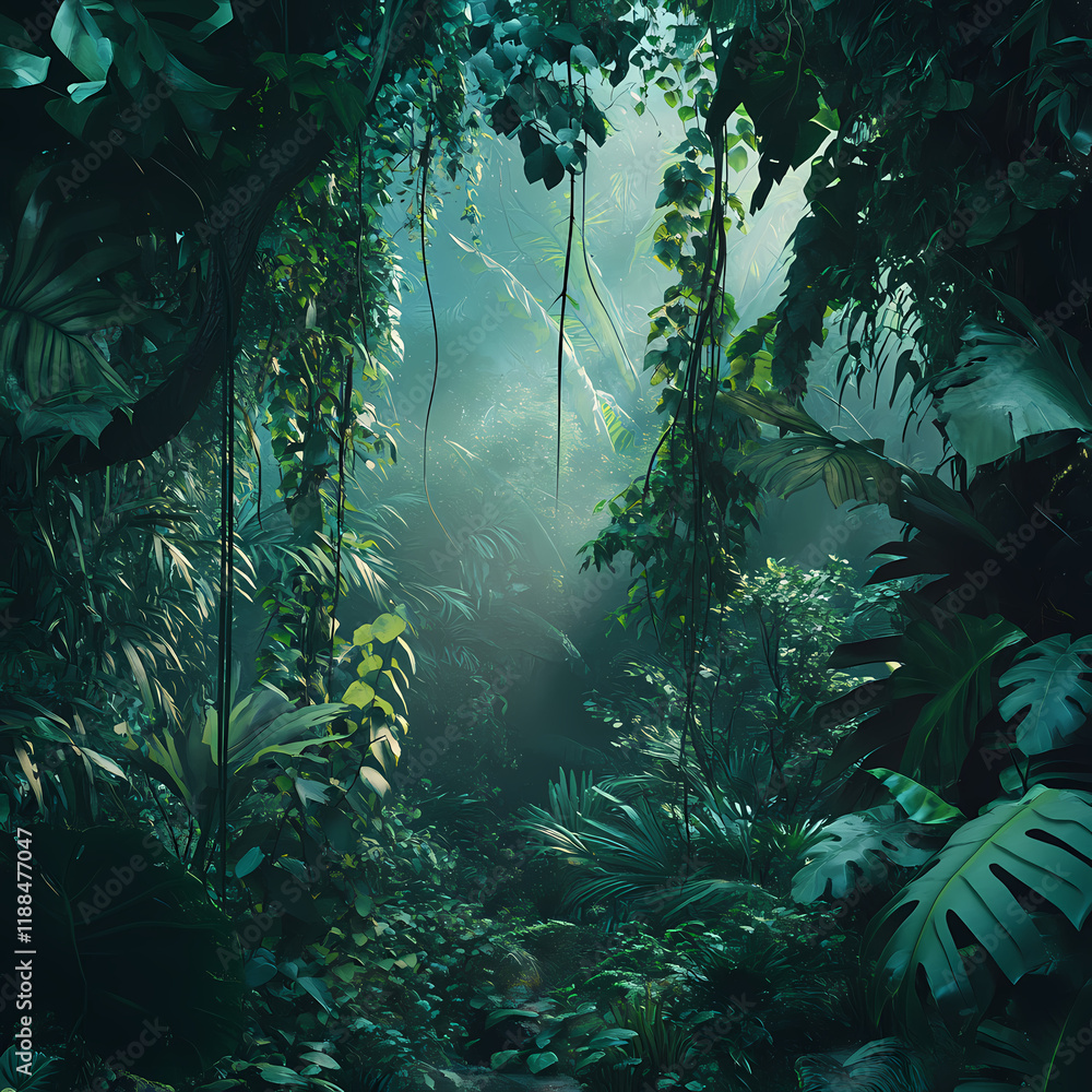Aufkleber lush green jungle with dense foliage and sunlight filtering through trees in a serene atmosphere. ge