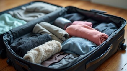 open suitcase filled with neatly packed clothes