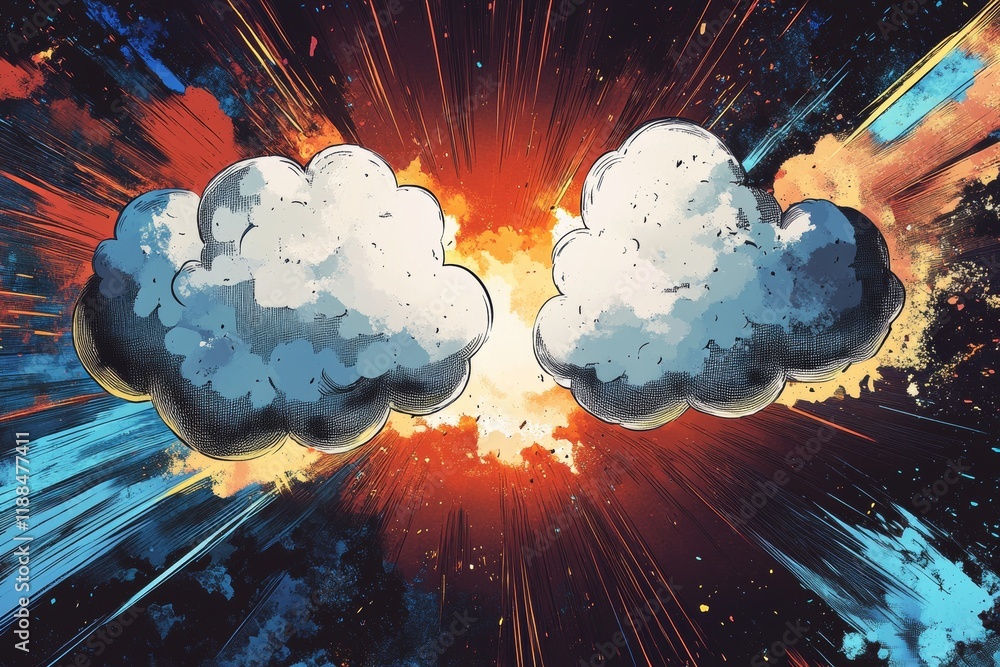Poster Two clouds exploding with vibrant energy and cosmic rays.