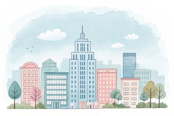cute office building with city scape, watercolor art illustration background