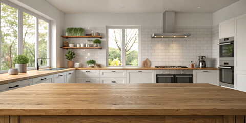 A Modern Kitchen Interior with Generative Design, Featuring an Empty Wooden Table for Culinary Inspiration