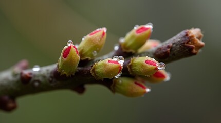 close-up of fresh tree buds with dew drops glistening on their surfaces