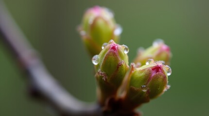 close-up of fresh tree buds with dew drops glistening on their surfaces