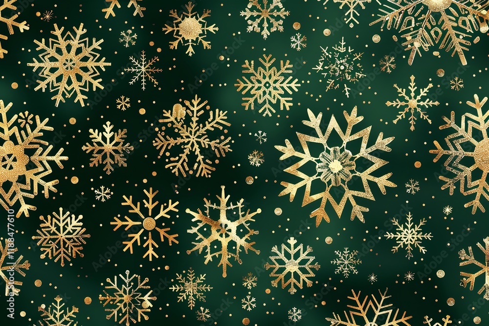 Poster golden snowflakes are shown in close-up on a green background that is studio-clean with enough of ro