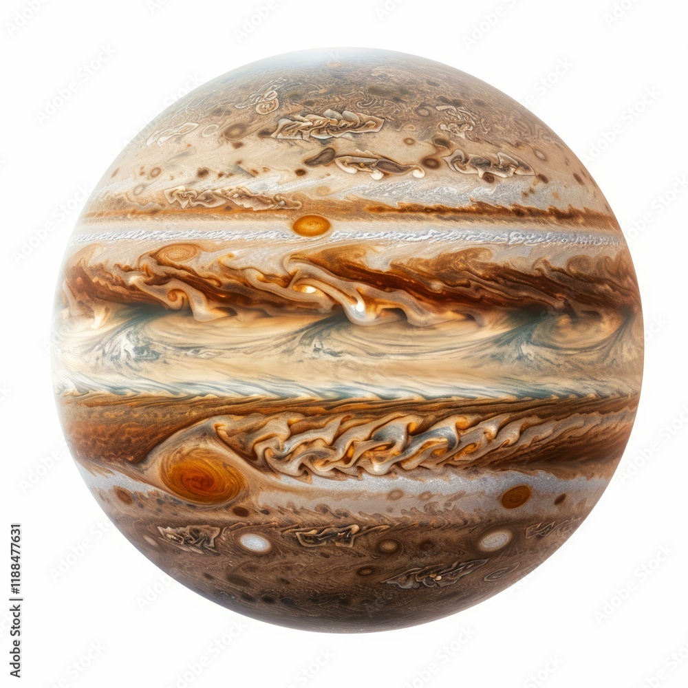 Poster jupiter planet rotating showing great red spot and bands in outer space