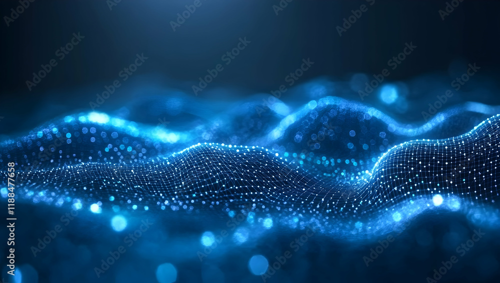 Poster abstract blue digital background with glowing connections and lines in a low-poly style.