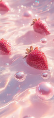 strawberry floating in sparkling water surrounded by delicate pearls. perfect for use in luxury food advertisements, beauty product branding