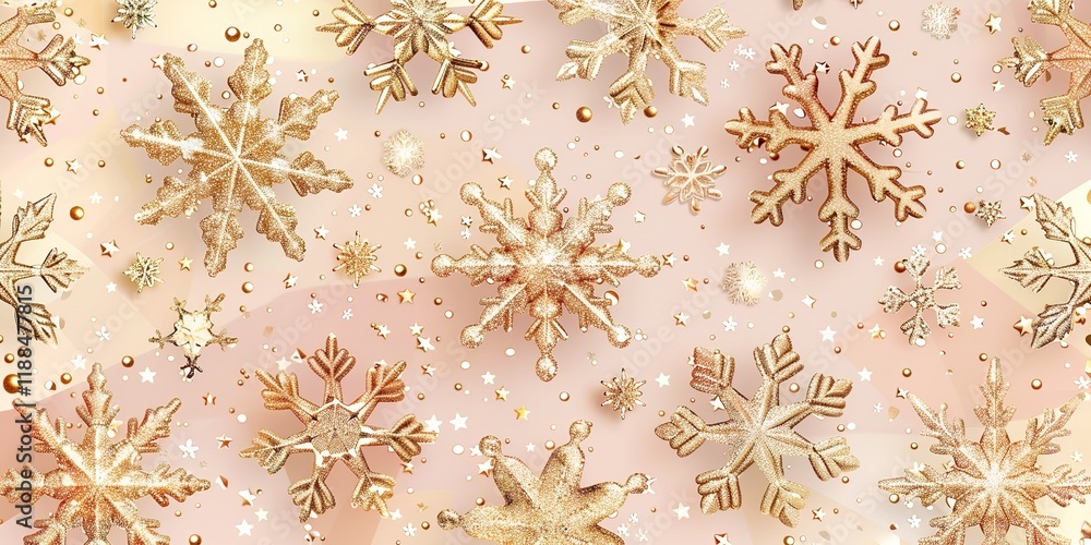 Poster golden snowflakes are displayed in close-up on a light pink background that is studio-clean with eno