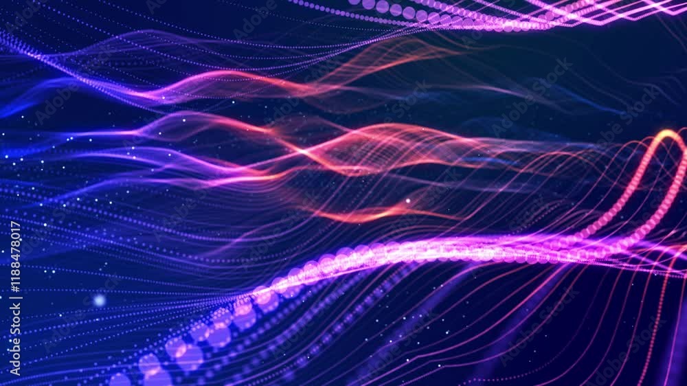Aufkleber glowing particles form surface, strings. luminous wave motion design for festive events and presenta