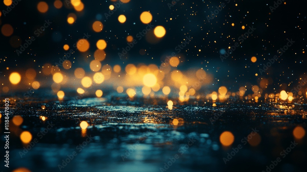 Poster sparkling particles create a mesmerizing abstract effect in dark blue and orange hues during a night
