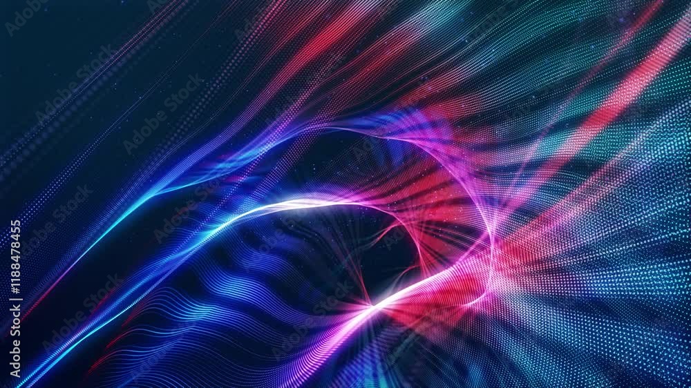 Poster complex glow structure. stunning curved surfaces composed of neon glow particles that form waves of 