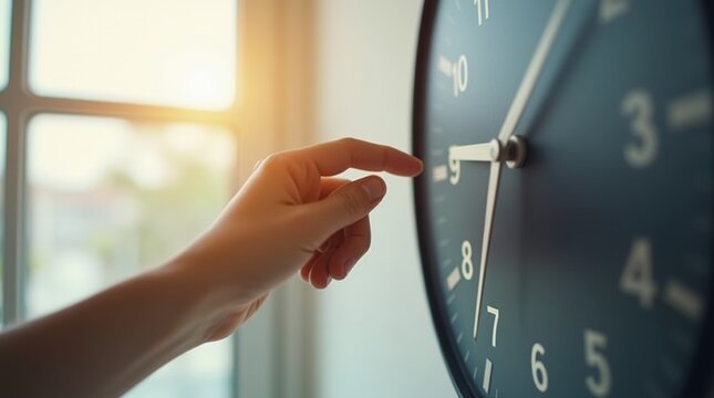Hand adjusting the time on a modern wall clock, close-up, soft daylight from a window, representing the concept of time change and clock adjustment