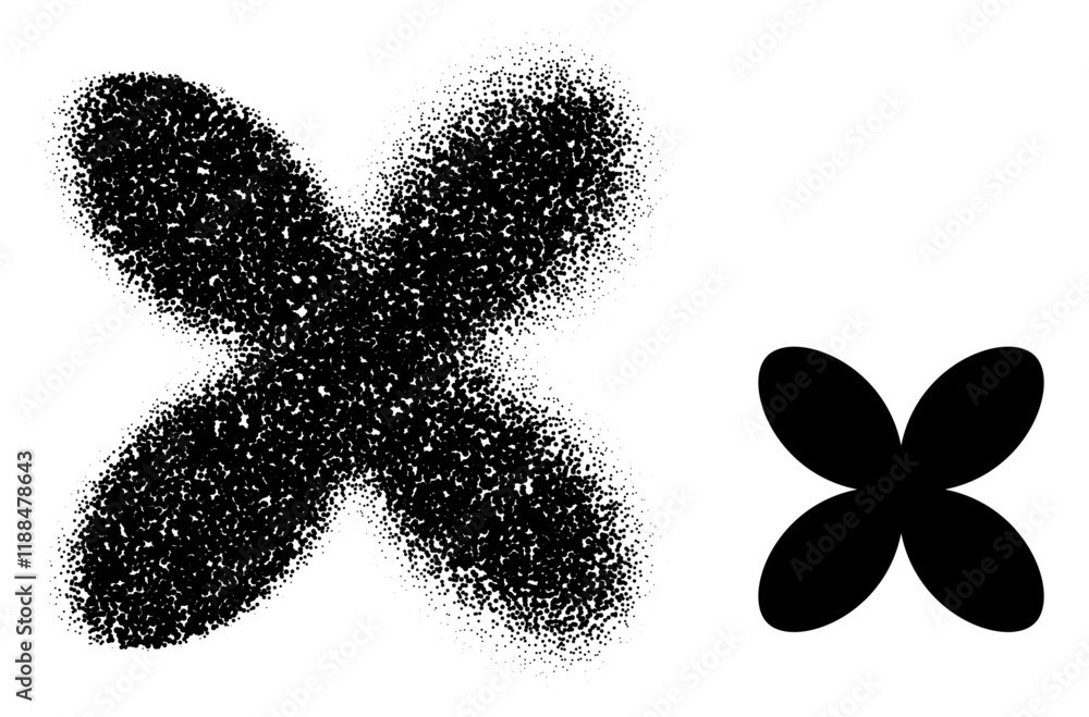 Poster a black four-petal shape rendered with stippling texture, ideal for modern design, abstract elements