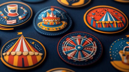 Colorful carnival badges, vintage style, 3D design, close-up.