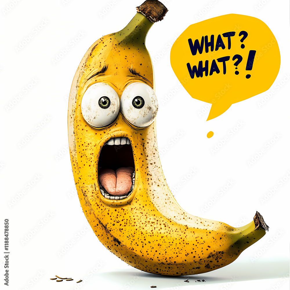 Poster Surprised banana with expressive face and speech bubble in fun artistic style. Generative AI