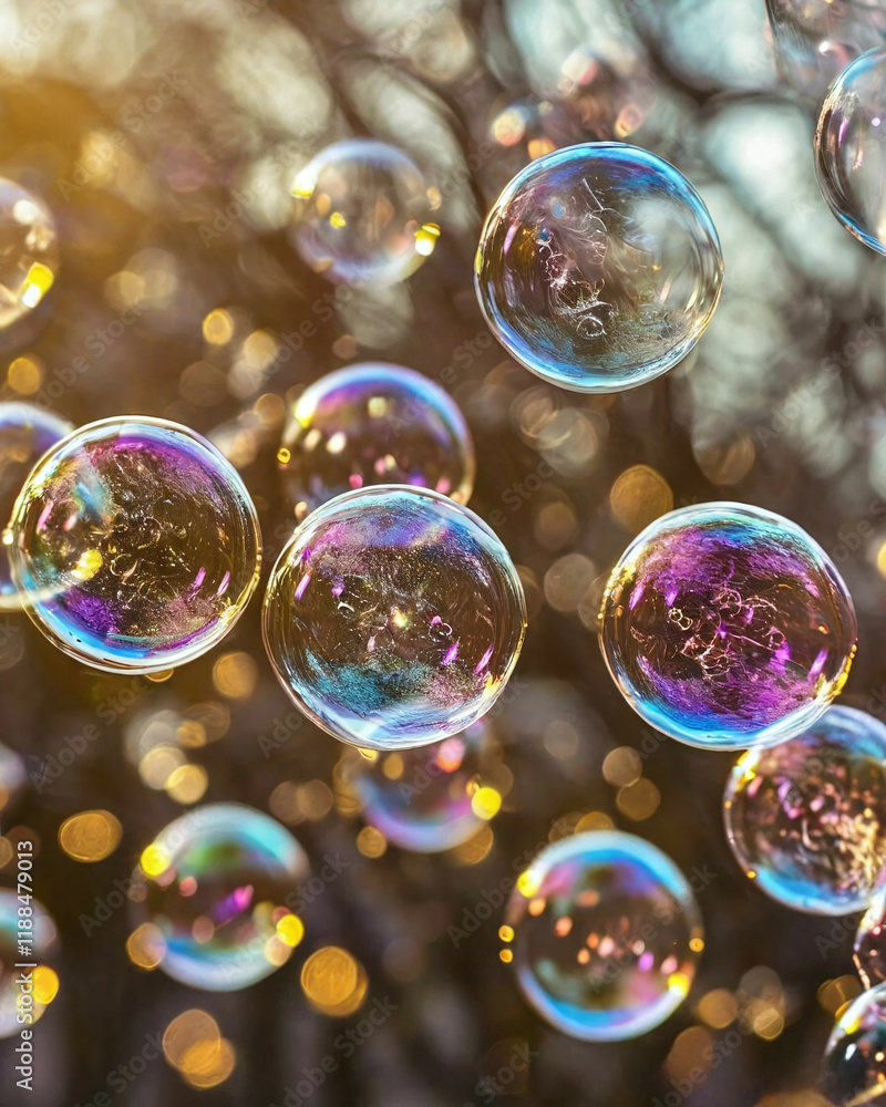 Poster soap bubbles floating in the air. they shimmer with different colors