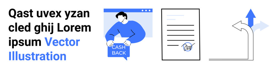 Man holding cashback, document with signature, and direction arrows. Ideal for cashback promotions, agreements, decision making, navigation, advertisements, financial apps, business guides. Landing