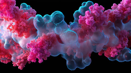 Fototapeta premium Abstract microscopic cell, virus, or bacteria structure in vibrant pink colors against a black background, molecular, fungus