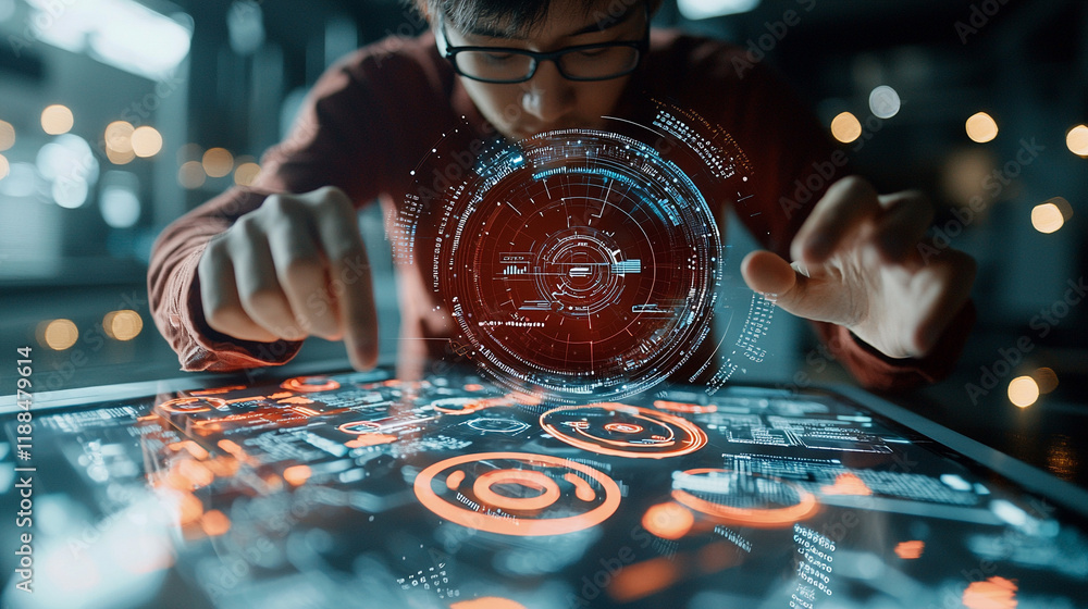 Poster ai generated insights overhead view of hands analyzing documents modern workspace technology innovat