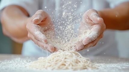Fototapeta premium Close-up of a chef making hand-pulled noodles, flour dust in the air, and precise hand movements in focus.