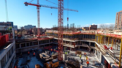 Naklejka premium Construction site with cranes, workers, and buildings under construction.