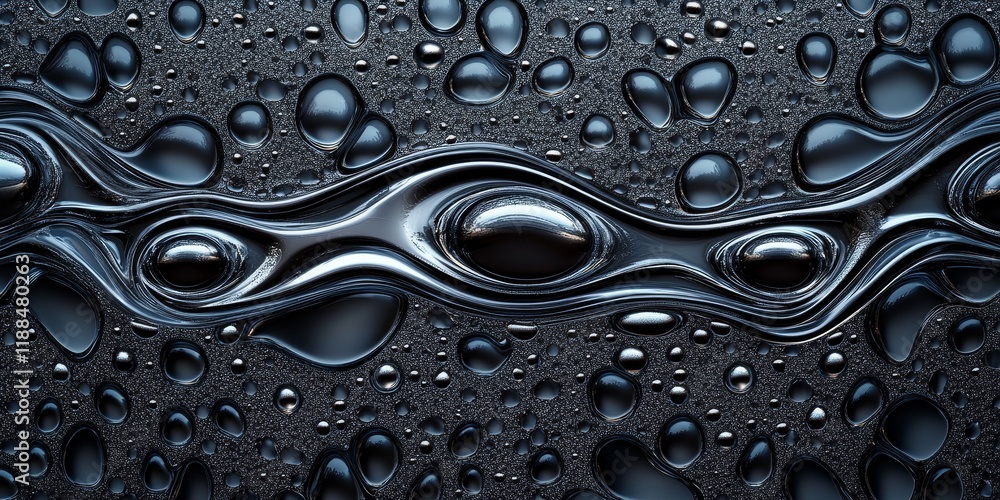 Poster abstract dark metallic liquid with flowing lines and droplets.