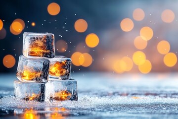 Sparkling Ice Cubes on Snowy Surface with Warm Bokeh Lights Winter Festive Background