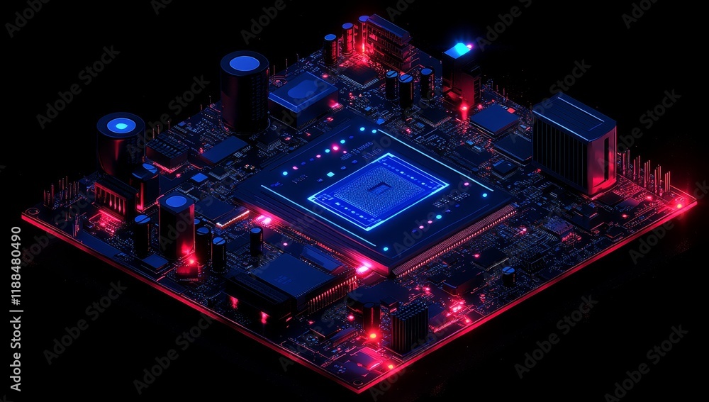 Aufkleber Isometric view of illuminated computer motherboard with CPU.