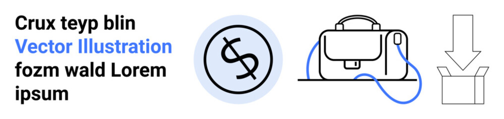 Business bag with a blue handle, a money symbol inside a circle, and a download arrow pointing towards an open box. Ideal for finance, business, ecommerce, marketing, logistics, education