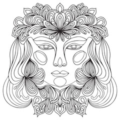 Beautiful fashion women, girl with abstract long hair. Hand drawn face. Zen doodle art, tattoo design, black and white illustration. Freehand sketch drawing for adult anti stress coloring book page