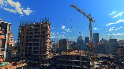 High-rise building under construction with crane against a sunny sky.