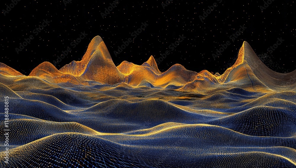 Wall mural abstract digital landscape with glowing mountains and wavy terrain under a starry night sky.